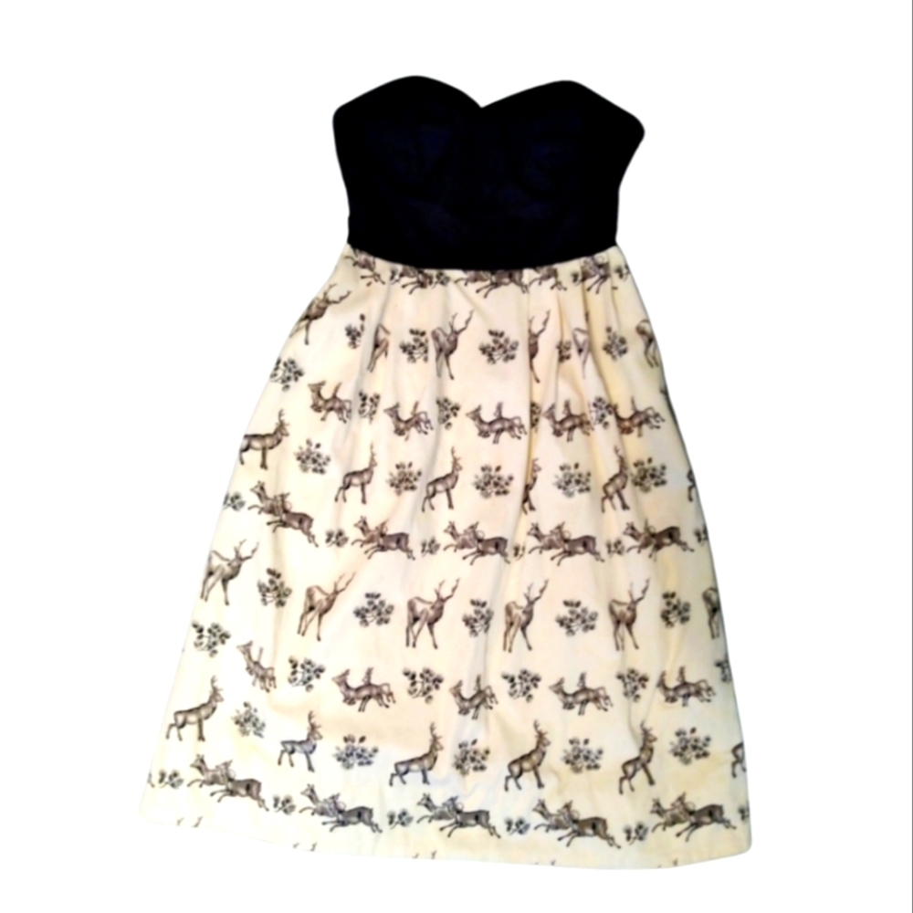 Anthropologie Postmark Conifer Deer Strapless Holiday Dress